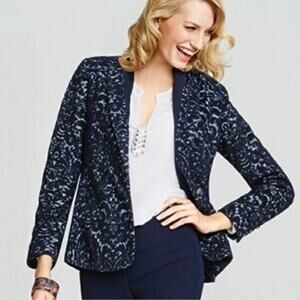CAbi Jacquard Wool Blend Blazer Jacket Midnight Blue Size 12